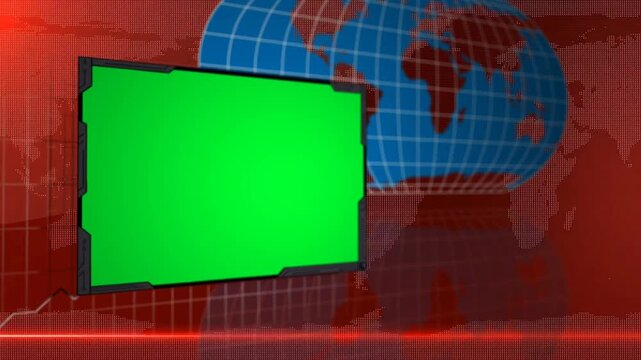 Dynamic Red News Broadcast Loop with Planet Earth Intro Gear Animations and Chroma Key Green Screen Monitor