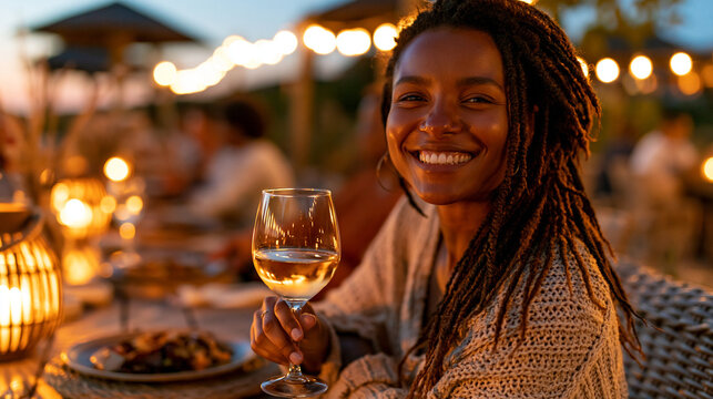 Portrait of a smiling woman holding a wine glass at an outdoor evening social dinner event