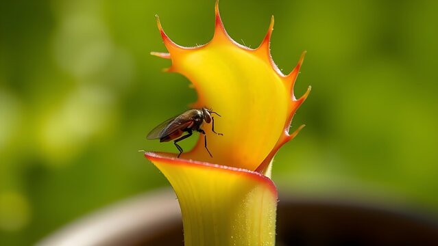 Extreme close-up of a Venus flytrap closing around a fly, with sharp details and blurred background.