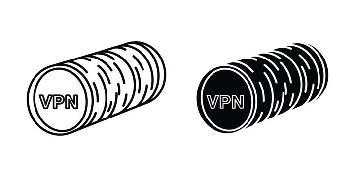 Virtual private network tunnel set featuring vpn text inside cylindrical shapes for secure online connection
