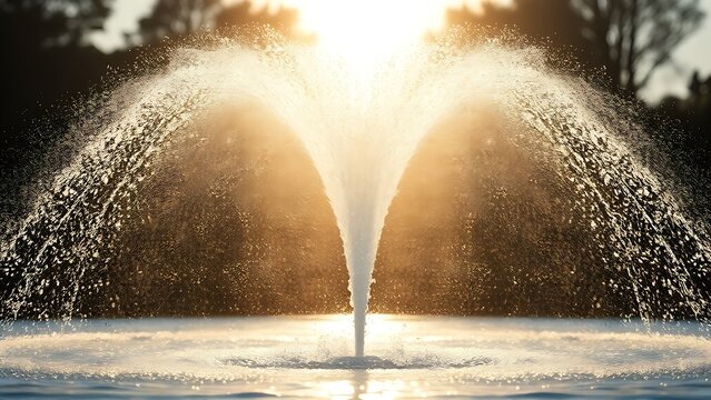 Arc of water from a fountain creating a parabolic trajectory, sparkling droplets in sunlight.