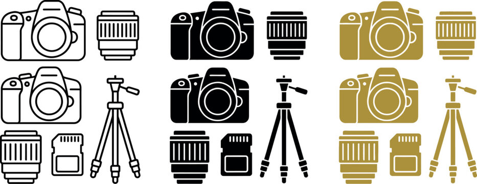 Camera, lens, tripod and memory card icons set