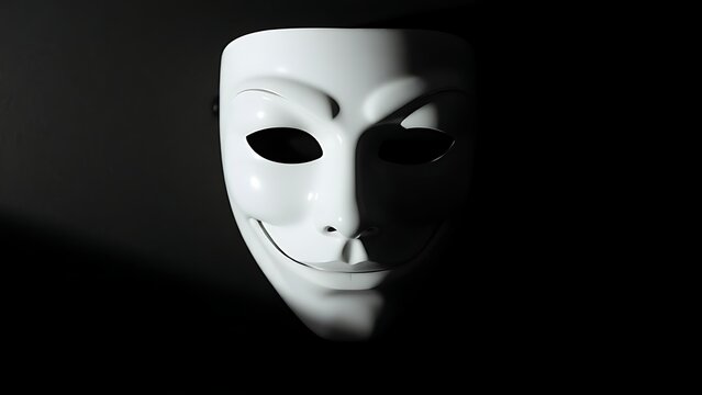 A white theatrical mask with a subtle smirk half-hidden in deep, dramatic shadow.