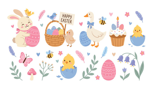Easter bunny transparent easter vector set, cute spring holiday egg basket collection, festive cartoon chicks and goose icons, sweet cupcake and floral decoration elements.