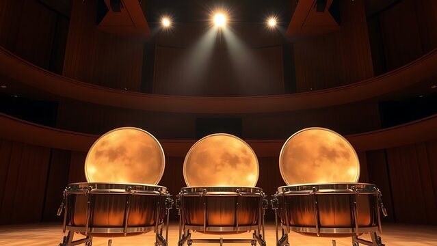 Timpani drums on a concert stage under a spotlight, polished copper surfaces.