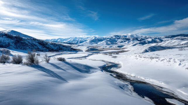 Winter frosty winter landscape. Snow covers ground and trees and air crisp, cold. Perfect winter holidays seasonal themes, tranquility, vacations and holidays. Christmas or New Year winter background