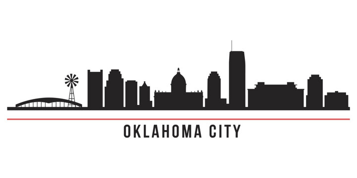 Oklahoma City skyline silhouette with windmill and red line urban