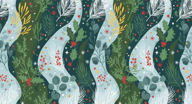 Festive Winter Foliage Pattern: Holly, Berries, Pine, Eucalyptus on Teal Background