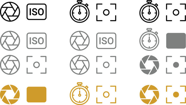 Set of camera settings icons including aperture, shutter speed and iso