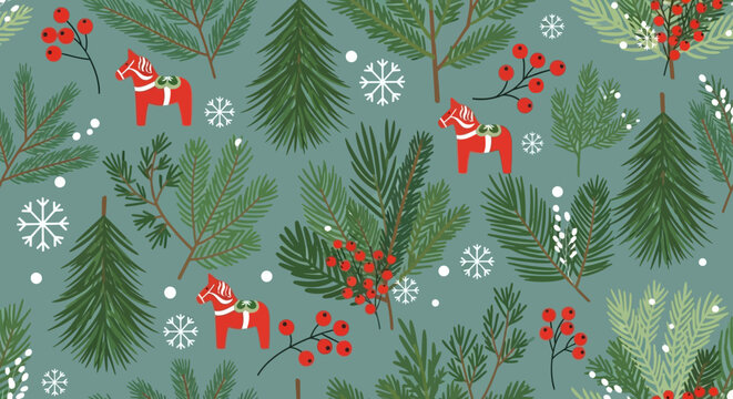 Seamless Christmas Pattern: Dala Horses, Pine Branches, Berries & Snowflakes