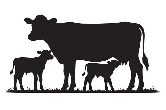 Black silhouette of a mother cow with two small calves
