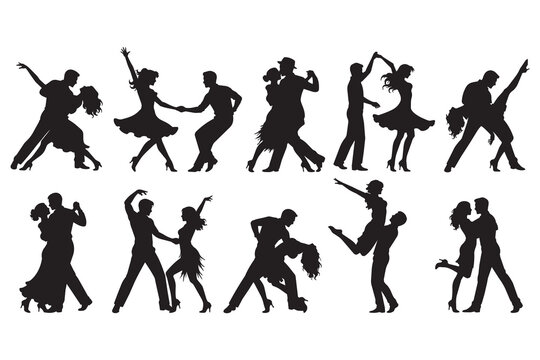 Set of silhouettes of people dancing ballroom and latin dance