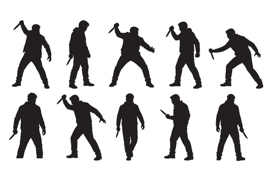 Silhouette collection of men holding a knife in various poses
