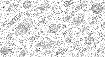 Whimsical Space Doodle Pattern with Planets Rockets and Stars. © Nb