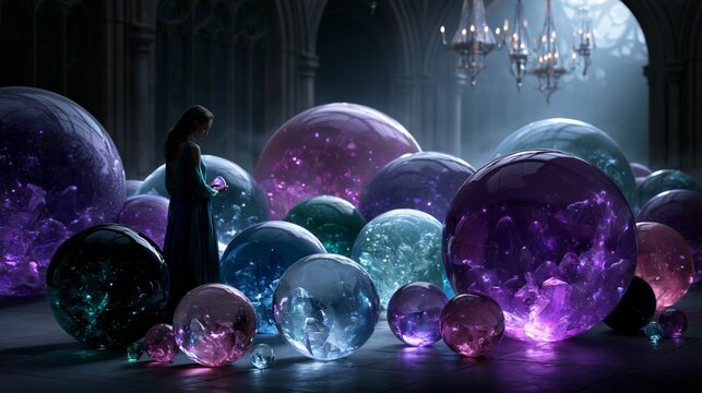 mystical crystal orb chamber with woman choosing glowing magical spheres