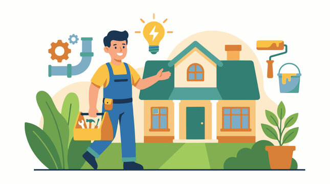 A cartoon man in overalls holding a tool box walks towards a house with a green roof