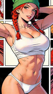 Personaggio femminile in stile fumetto, con fisico atletico e proporzionato, capelli rossi con trecce e vestita con intimo bianco, Female character in comic style, with an athletic and proportionate