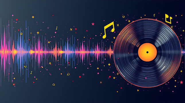 Vinyl record disk with illuminated neon audio spectrum waves graphic background