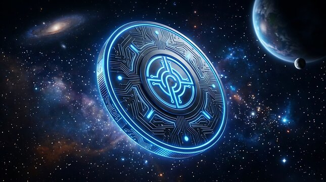 Futuristic glowing blue cryptocurrency coin floating in outer space with planet and galaxy