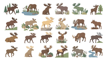 Naklejka premium Collection of Diverse Moose Illustrations in Various Poses and Natural Settings.