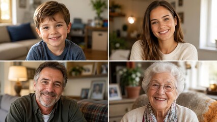 Fototapeta premium Four Generation Family Portrait Collage With Boy Woman Man and Elderly Woman
