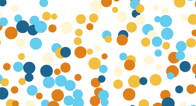 Abstract colorful circle pattern background with blue orange and cream dots on white surface.