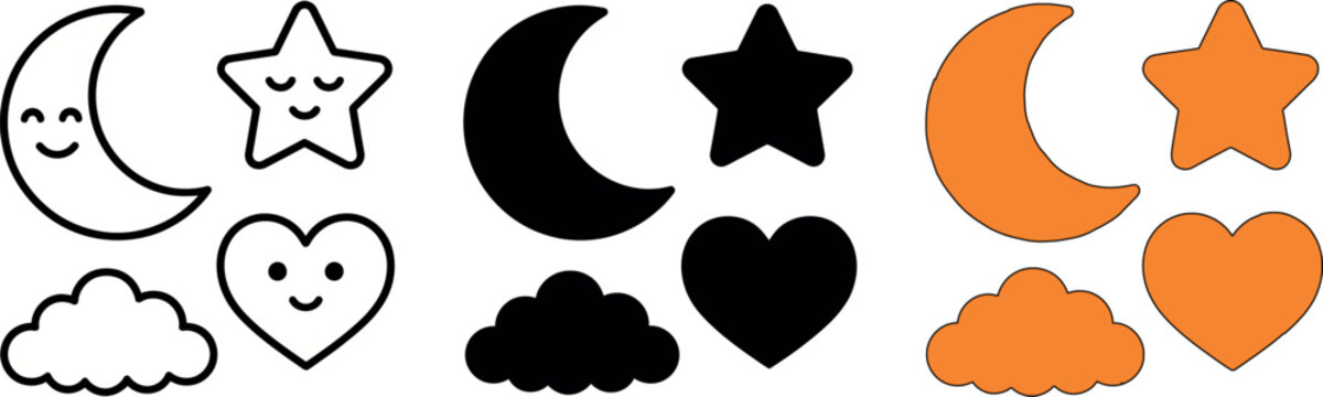 Cute moon star heart and cloud vector icon set