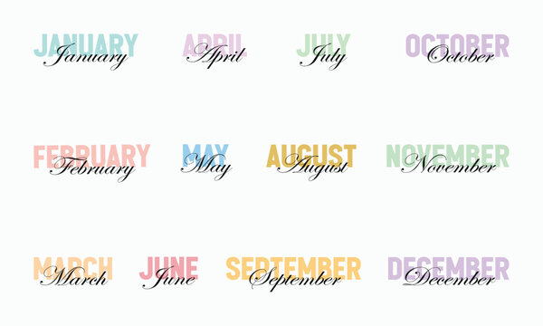 Set of calendar months with stylish typography, including january, february, march, april, may, june, july, august, september, october, november, december in pastel colors for planners.
