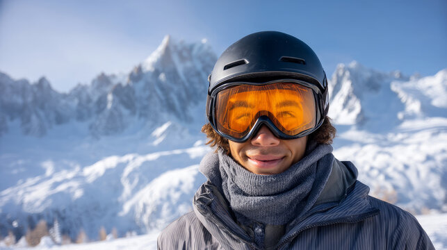 Close up the ski goggles of a man with the reflection of snowed mountains. A mountain range reflected in the ski orange mask. Portrait of man at the ski resort on the background of mountains and sky