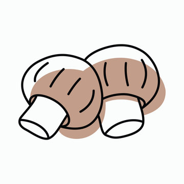 Two fresh champignon mushrooms, hand-drawn outline with soft brown color fills, natural food illustration for healthy cooking, gardening, or market designs.