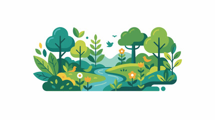 A serene and vibrant cartoon landscape with a winding river trees flowers and wildlife © tua