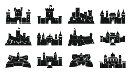 Obraz premium Medieval castle silhouette icons, 12 black fortress and citadel vector elements, ancient royal palace and kingdom stronghold set for gaming