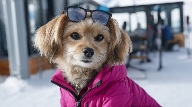 Portrait of little dog in pink jacket and glasses with snowboard or skis on fresh snow, at ski resort on vacation