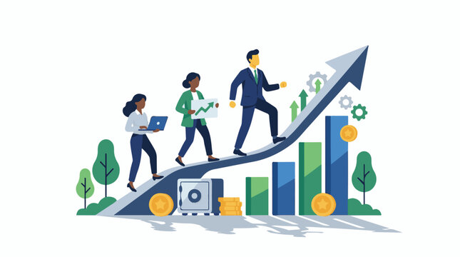 Business professionals climbing growth graph with charts coins and trees