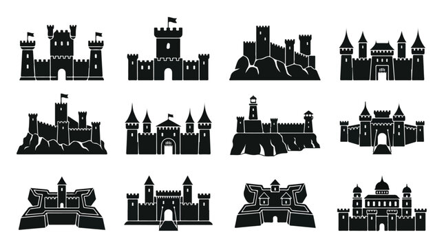 Medieval castle silhouette icons, 12 black fortress and citadel vector elements, ancient royal palace and kingdom stronghold set for gaming