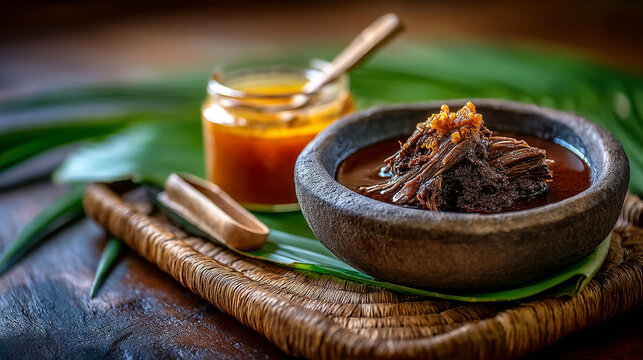 Traditional indonesian beef rendang in carved wooden bowl with coconut cream, meat dish