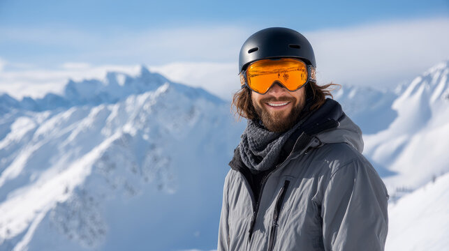 Close up the ski goggles of a man with the reflection of snowed mountains. A mountain range reflected in the ski orange mask. Portrait of man at the ski resort on the background of mountains and sky