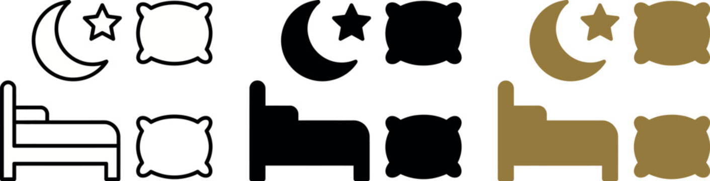 Set of bedroom and bedtime icons with bed, pillow and moon