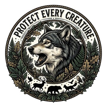 Circular wildlife conservation badge illustration featuring a snarling wolf head profile, forest foliage, and animal silhouettes including bear and deer with Protect Every Creature text.
