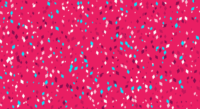 Sparkling diamond confetti pattern on pink background with teal and purple geometric crystal shapes.