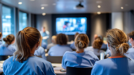 Fototapeta premium Healthcare professionals attending a medical seminar in a modern conference room. Medical education, professional training, continuing education and healthcare development concept.