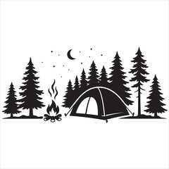 Camping scene with tent and campfire under the moonlight in a forest Vector © Powereful Design 