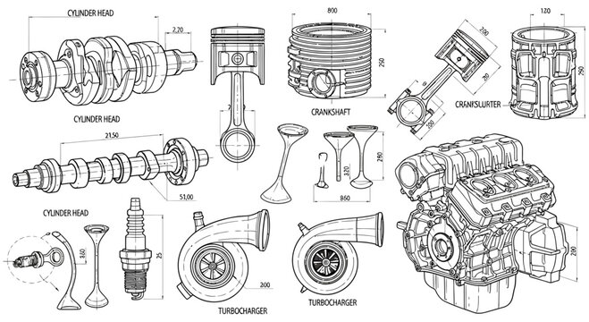 Detailed technical line drawing set of internal combustion engine parts