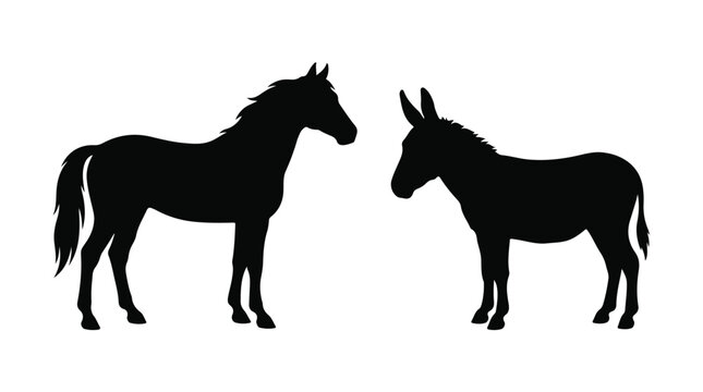 Horse and donkey silhouette vector, black farm animal profiles on white background, equine and burro livestock icons for ranch branding