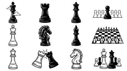 Chess Pieces Collection: Strategy, Game, Vintage Style Icons © Dika