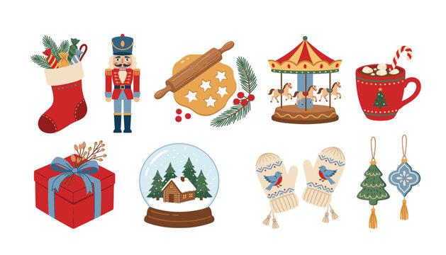 Christmas icons transparent christmas vector set, winter nutcracker and snow globe collection, cozy holiday carousel and gift box, festive mittens and baking elements.
