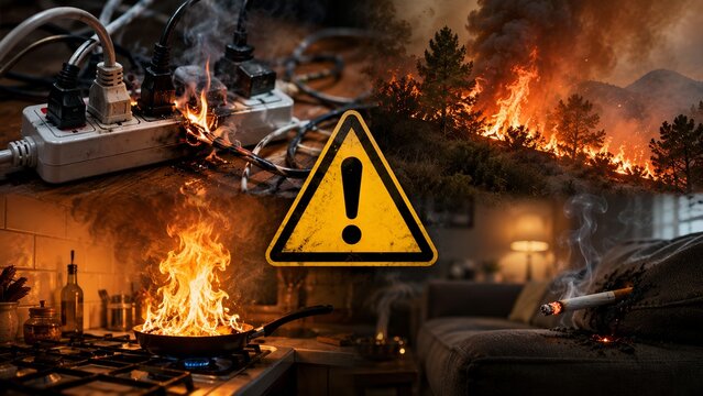 Fire Risk Warning Collage With Yellow Danger Triangle and Multiple Fire Hazards