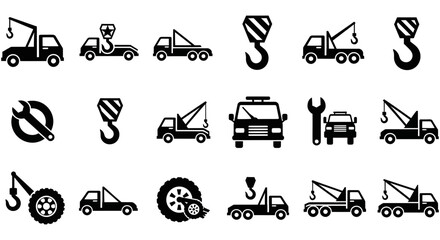 Naklejka premium Set of black tow truck icons for emergency road service assistance