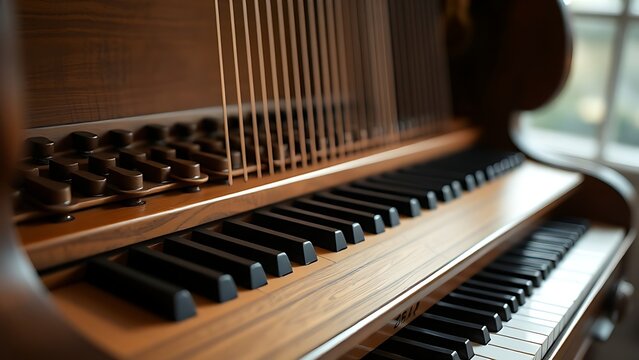 Baroque harpsichord with detailed woodwork and black and white keys.