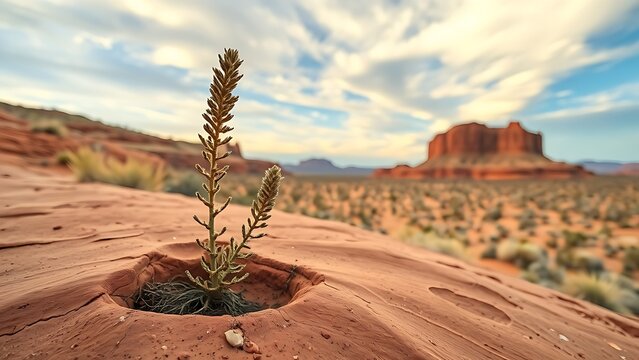 Resilient sagebrush plant growing from a crack in red sandstone under a desert sky.